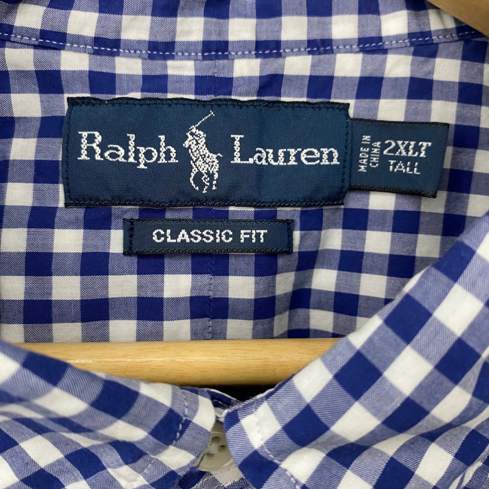 Ralph Lauren EUC Mens 2XLT Blue Gingham Short Sleeve Button Up Shirt Yellow Pony - Picture 4 of 5